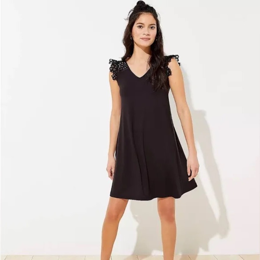 NWT!! LOFT Black A-Line Lace Ruffle Swing Dress — Size XS!!